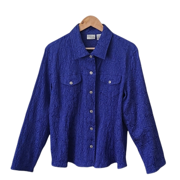 Chico's Jackets & Blazers - CHICO'S Jacket Button Up Front Jacquard Chest Pockets Blue 3